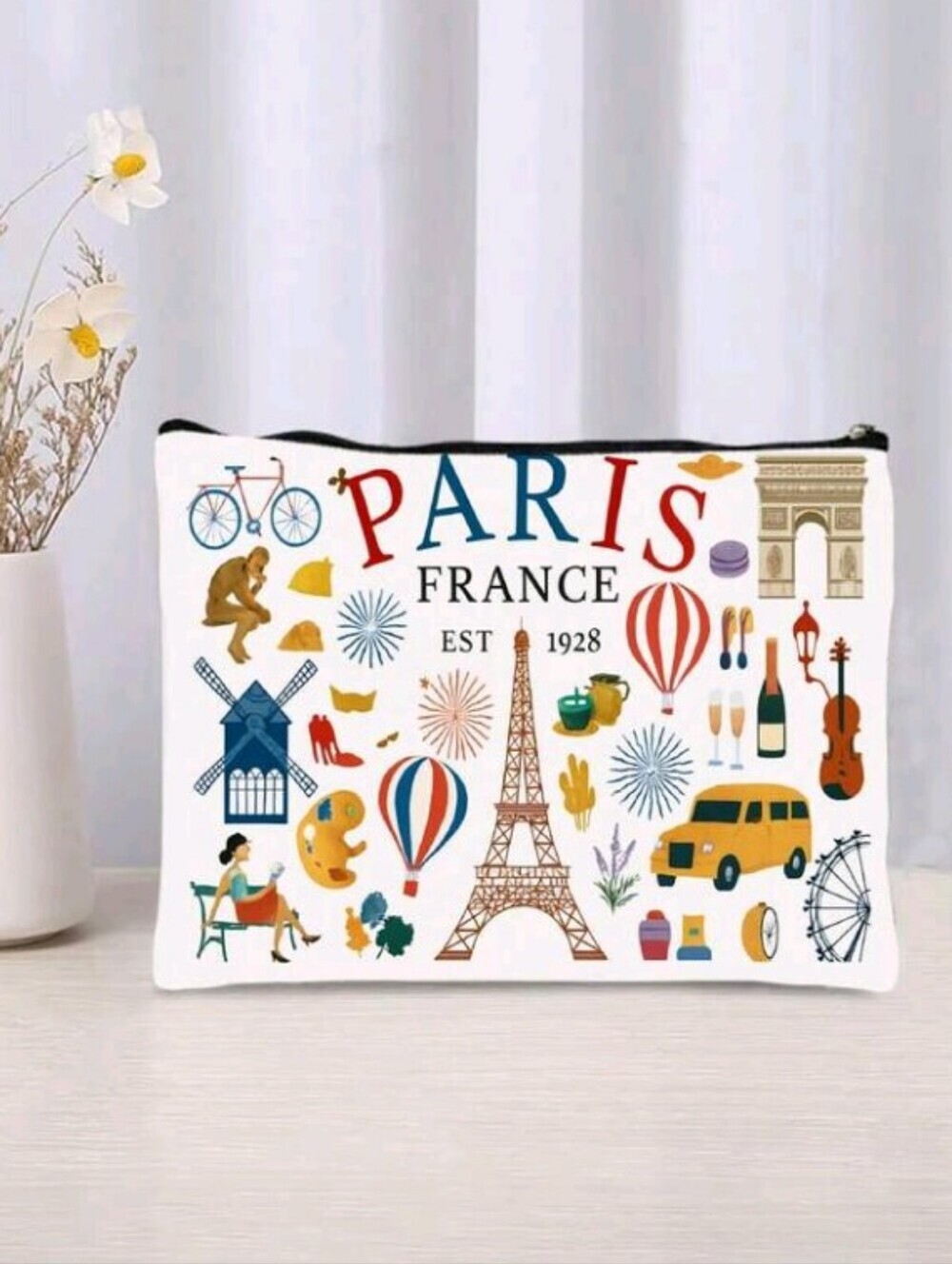 Paris France Print Red Blue Yellow Zipper Pouch Purse Summer Travel Eiffle Tower